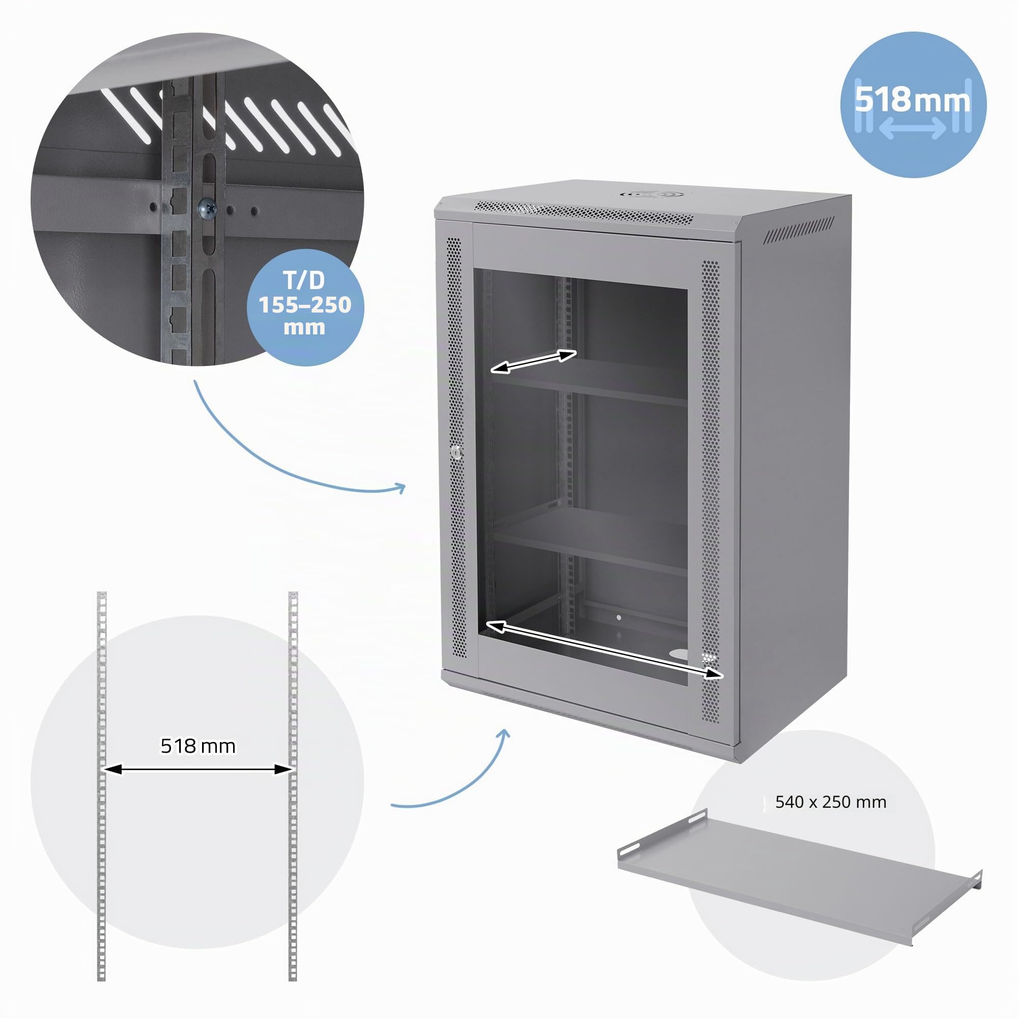 ECD Germany Netzwerkschrank 18 HE, Serverschrank 19 Zoll, Grau, Wandmontage, 450 mm Tiefe, 600 x 900 x 450 mm, voll montiert, Server Gehäuse mit abschließbarer Sicherheitsglastür, Traglast 60 kg