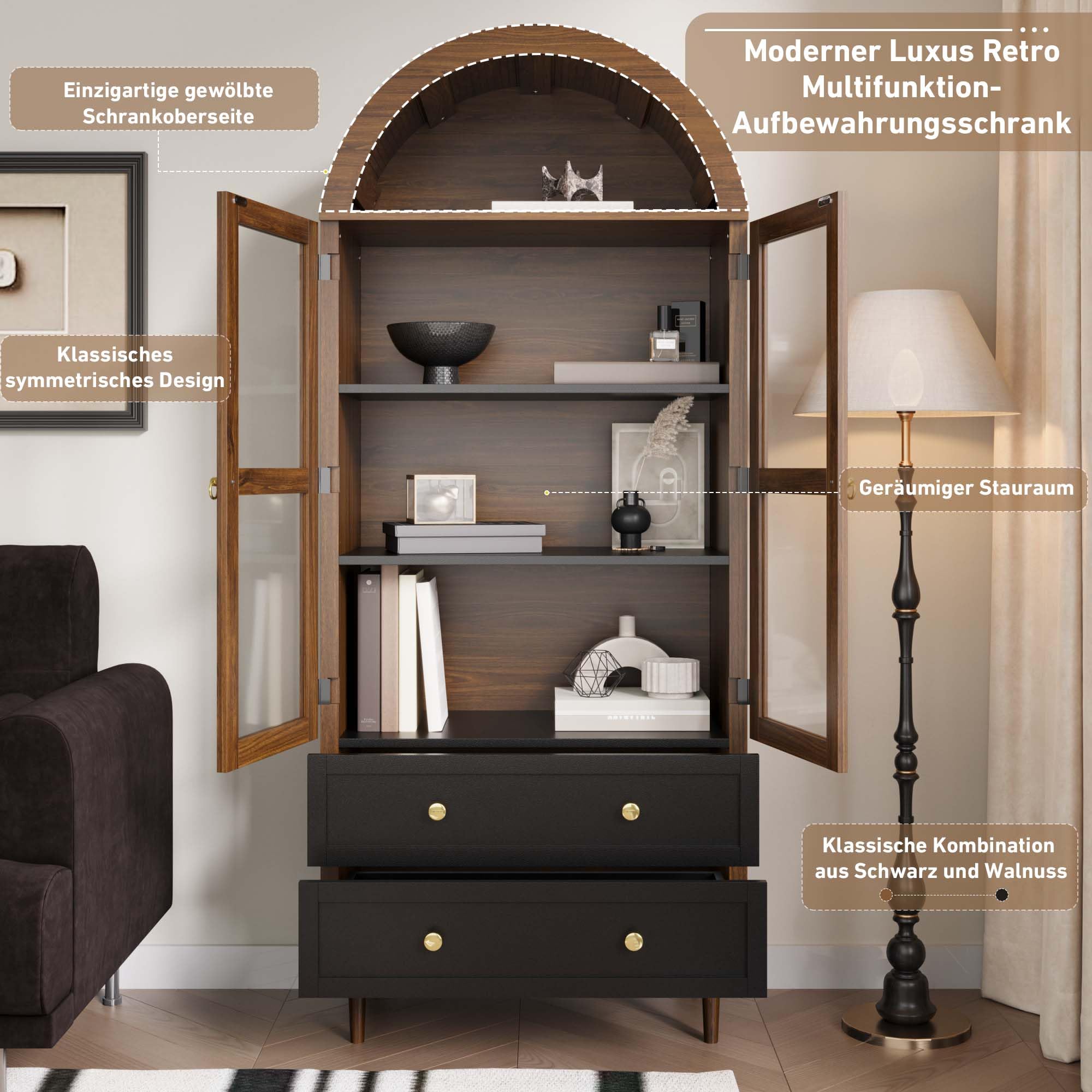Librería arqueada/librería, armario alto para salón con puertas de cristal y cajones, aparador/vitrina de cristal, armario multiusos para salón, estudio u oficina (color nogal 2)