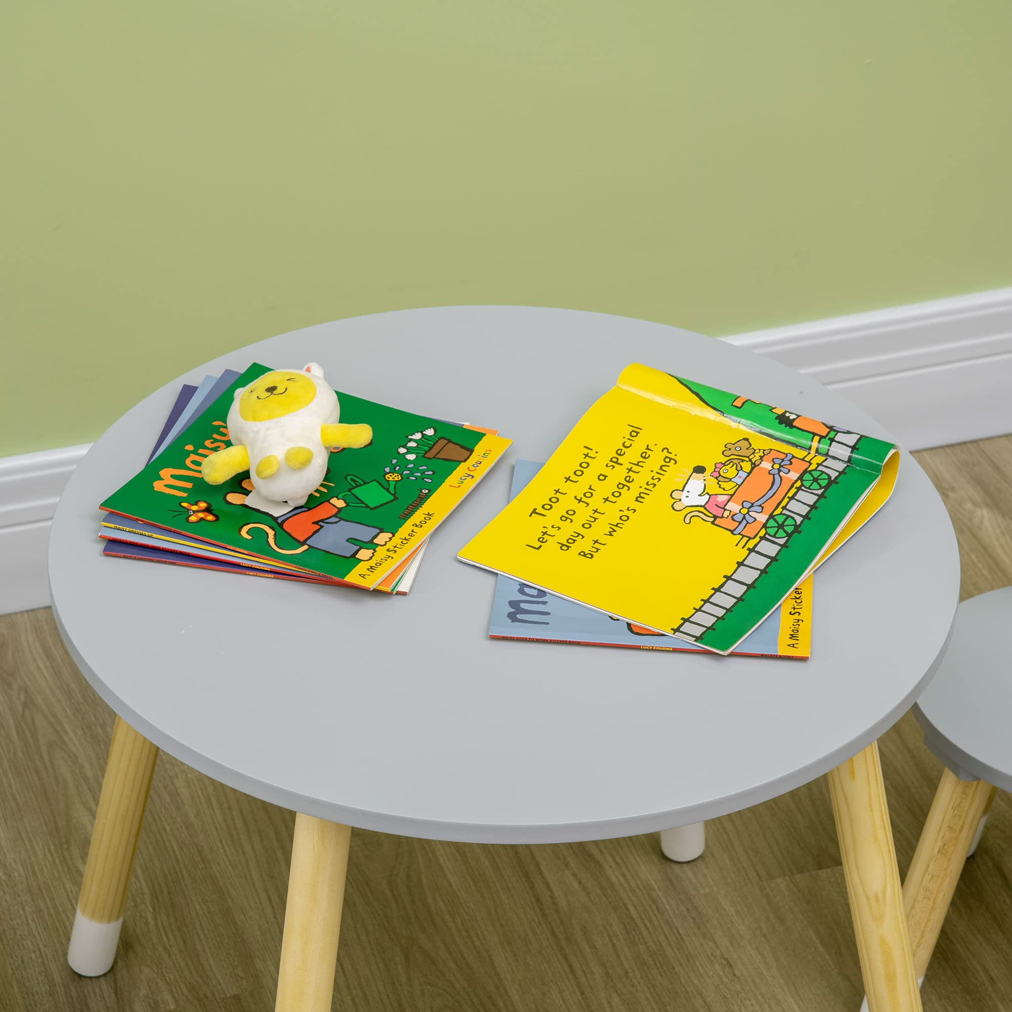 HOMCOM Juego de Mesa y 2 Sillas de Madera para Niños con Mesa Redondo Ø59x50 cm y Sillas Ø28x51 cm Muebles Infantiles para Sala de Juego Dormitorio Gris