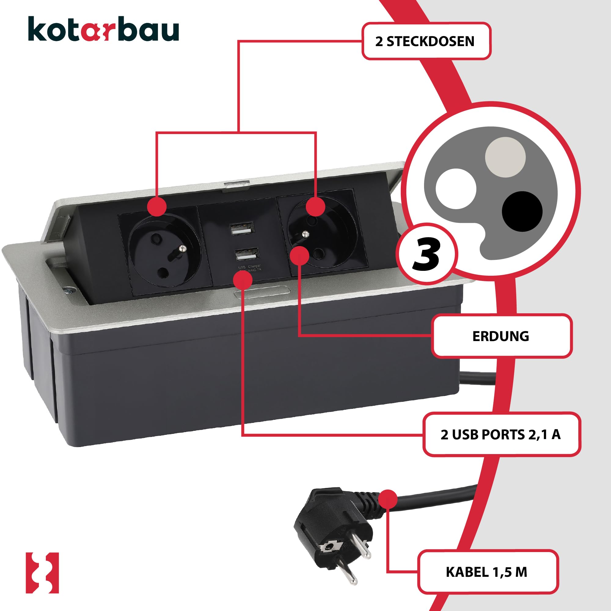KOTARBAU® - Ciabatta elettrica a 2 prese, con porte USB, in alluminio, colore argento