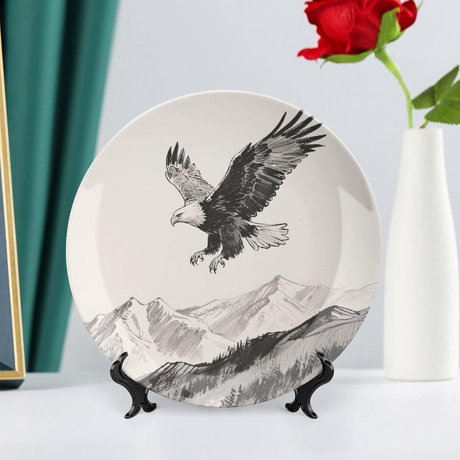 Soaring Eagle Ceramic Plate 10inch Decorative Bone China Wall Hanging Ornament Plates Bohemian Style Dinner Plate with Display Stand Cabinet Display Plates for Home Art Decor