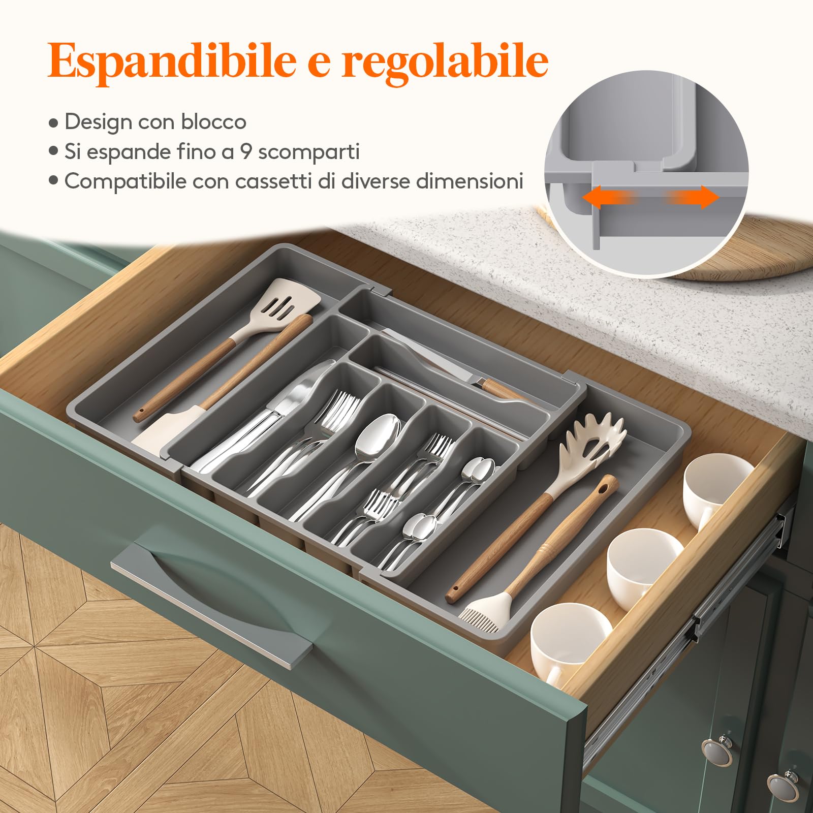 Lifewit Porta Posate Cucina Cassetto, Organizer Posate da Espandibile, Portaposate Salvaspazio, Divisori in Plastica per Utensili, Forchette, Profondità 38 cm, Largezza 33-56,8cm, Grigio