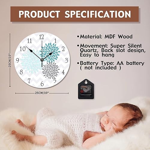 Miniatura 7 de ArogGeld Reloj de pared de madera gris aguamarina verde azulado, reloj de pared de flores de dalia, reloj de pared silencioso sin tictac, funciona