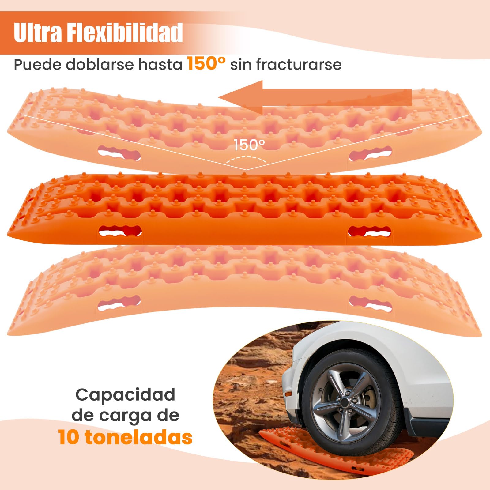 COSTWAY Tablas de Tracción Todoterreno, Alfombrillas de Tracción de 2 Piezas para Nieve, Extracción y Recuperación de Vehículos, para Llantas y Alfombrilla de Tracción (Naranja, 107 x 31 x 7 cm)
