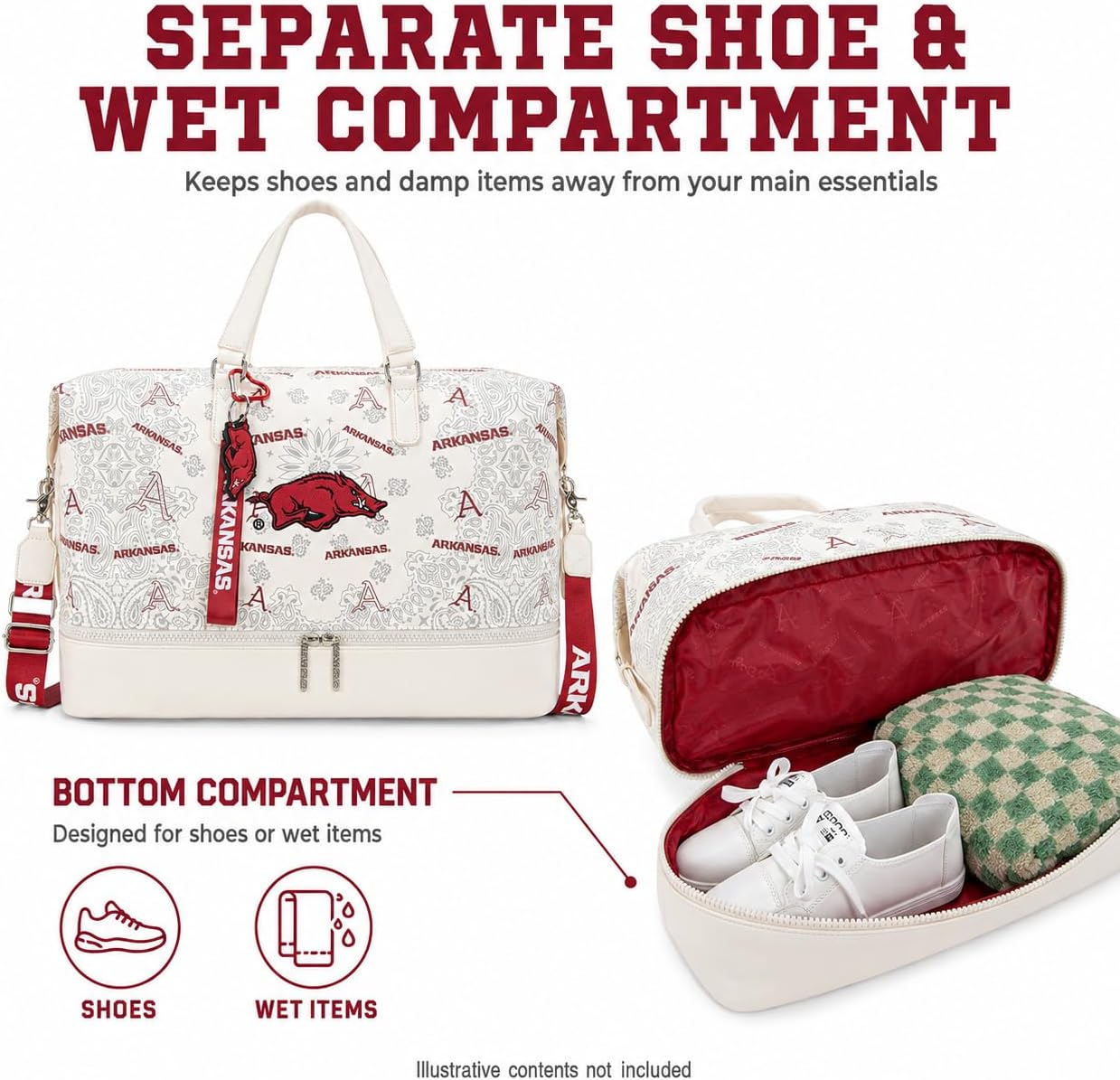 Arkansas Large Travel Duffle Bag with Shoes Compartment, Sports Tote Gym Bag, Shoulder Weekender Overnight Bag for Travel Business Trips | NC-AFU008BG image 3