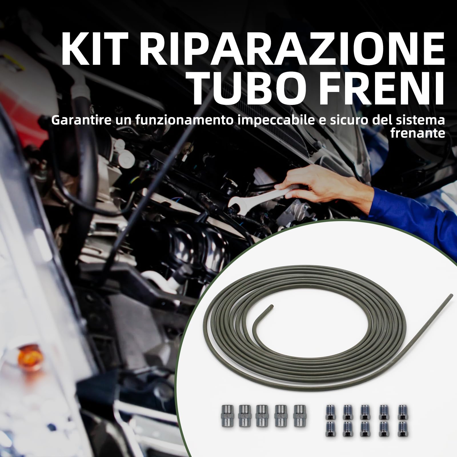 2 tubi del freno da 5 m, Ø 4,75 mm, set con 10 raccordi e 5 connettori M10 x 1, DIN 74234, bordatura F, adatto per auto, moto
