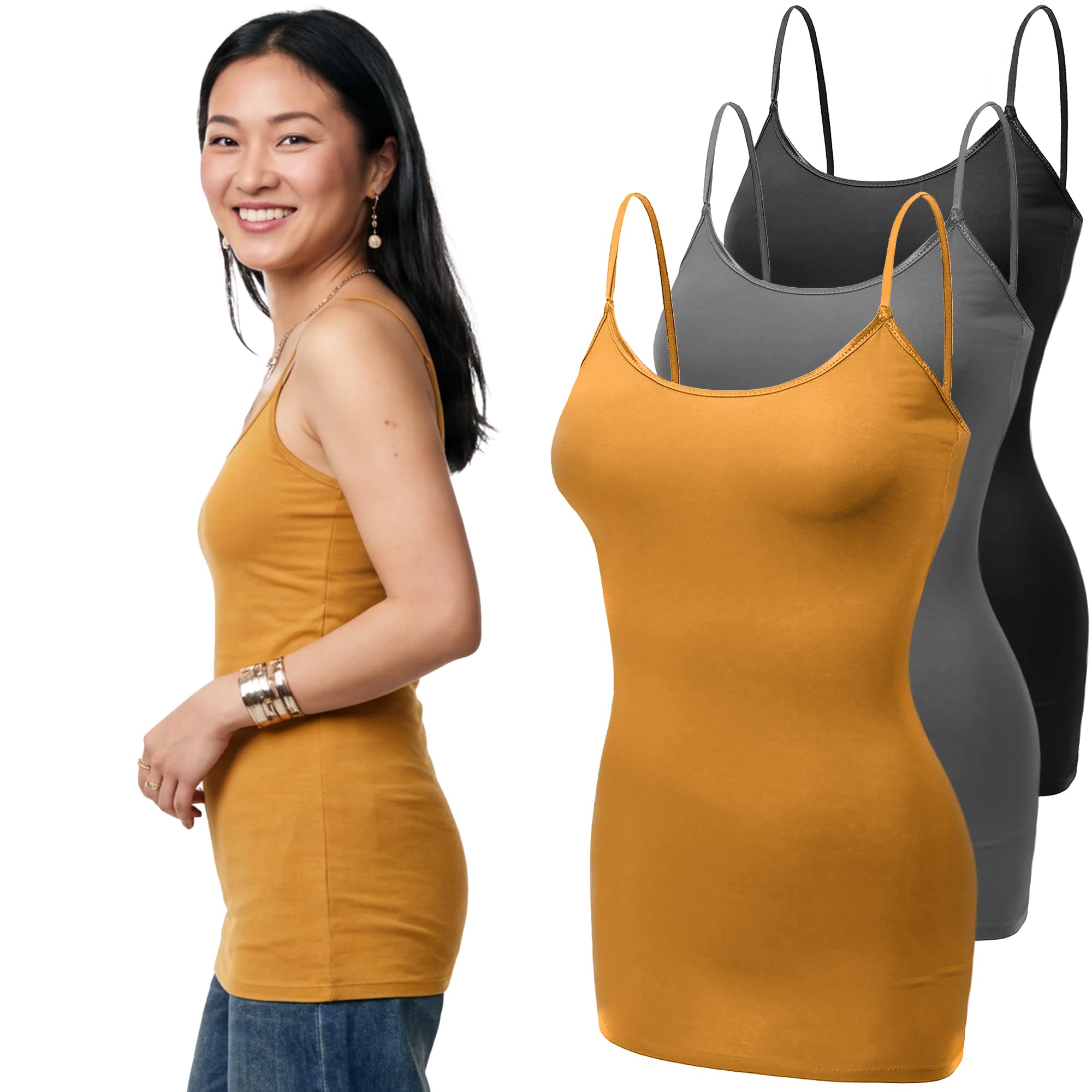 Emmalise Women's Basic Casual Long Camisole Adjustable Strap Cami Layering Top