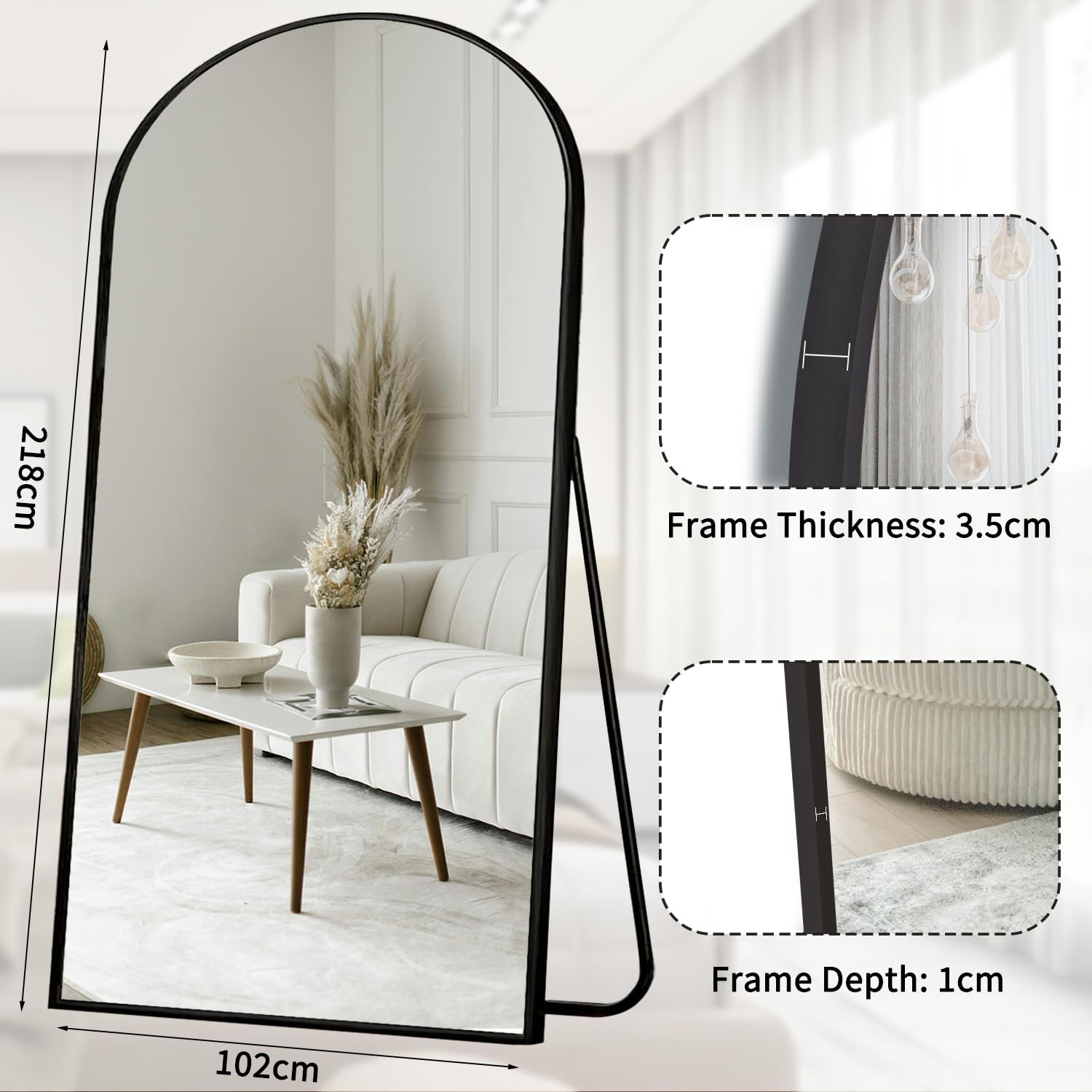 Ganzkörperspiegel, 218x102 cm Groß Bogen Standspiegel aus Gehärtete Glas, Hängend oder Lehnend Wandspiegel für Schlafzimmer, Wohnzimmer, Ankleidezimmer, Schwarz