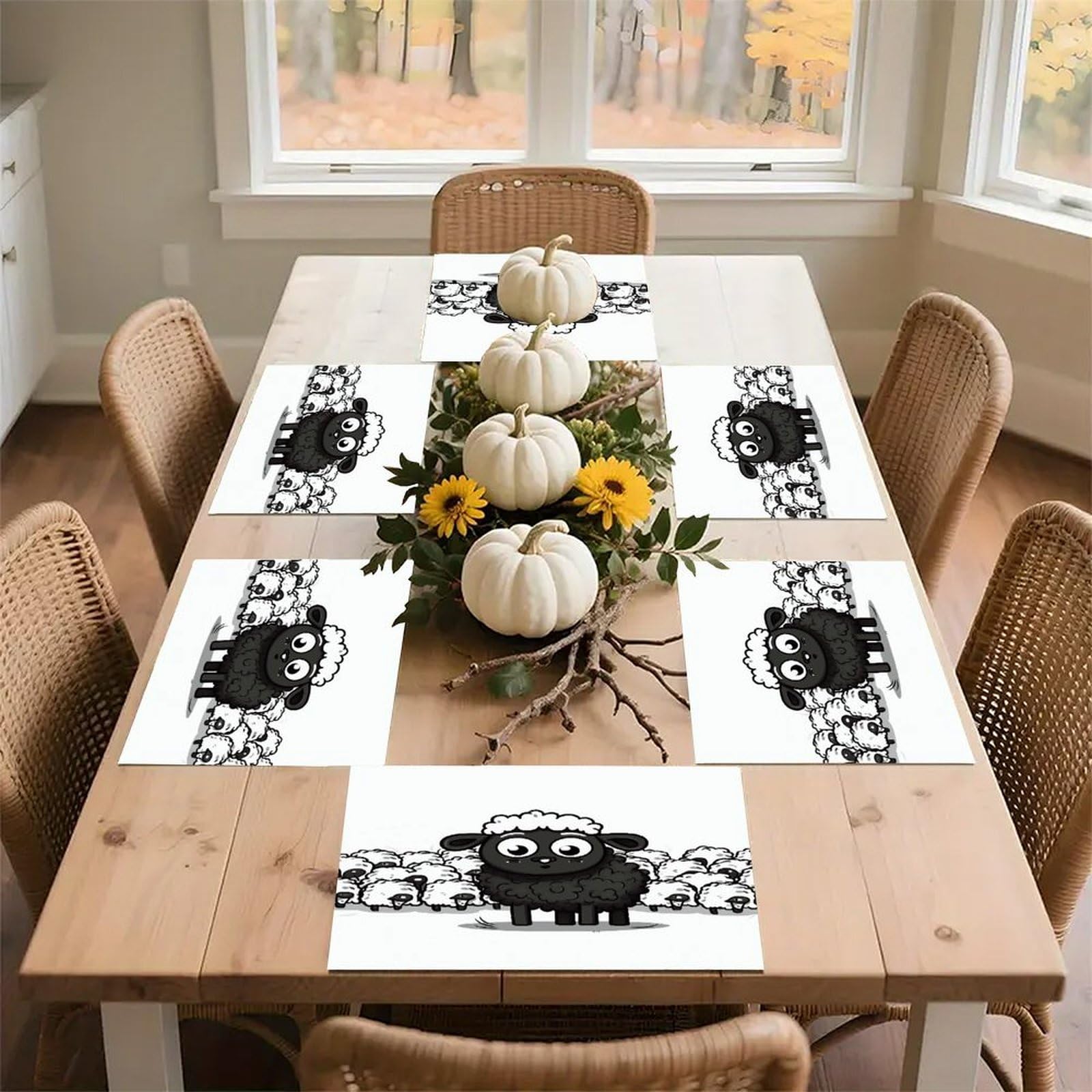 Cartoon Black White Sheep Placemats Non-Slip Heat Resistant Table Mats Flax Washable Cloth Place Mats Easy to Clean Premium Placemat for Kitchen Dining Table Decor Party Outdoor