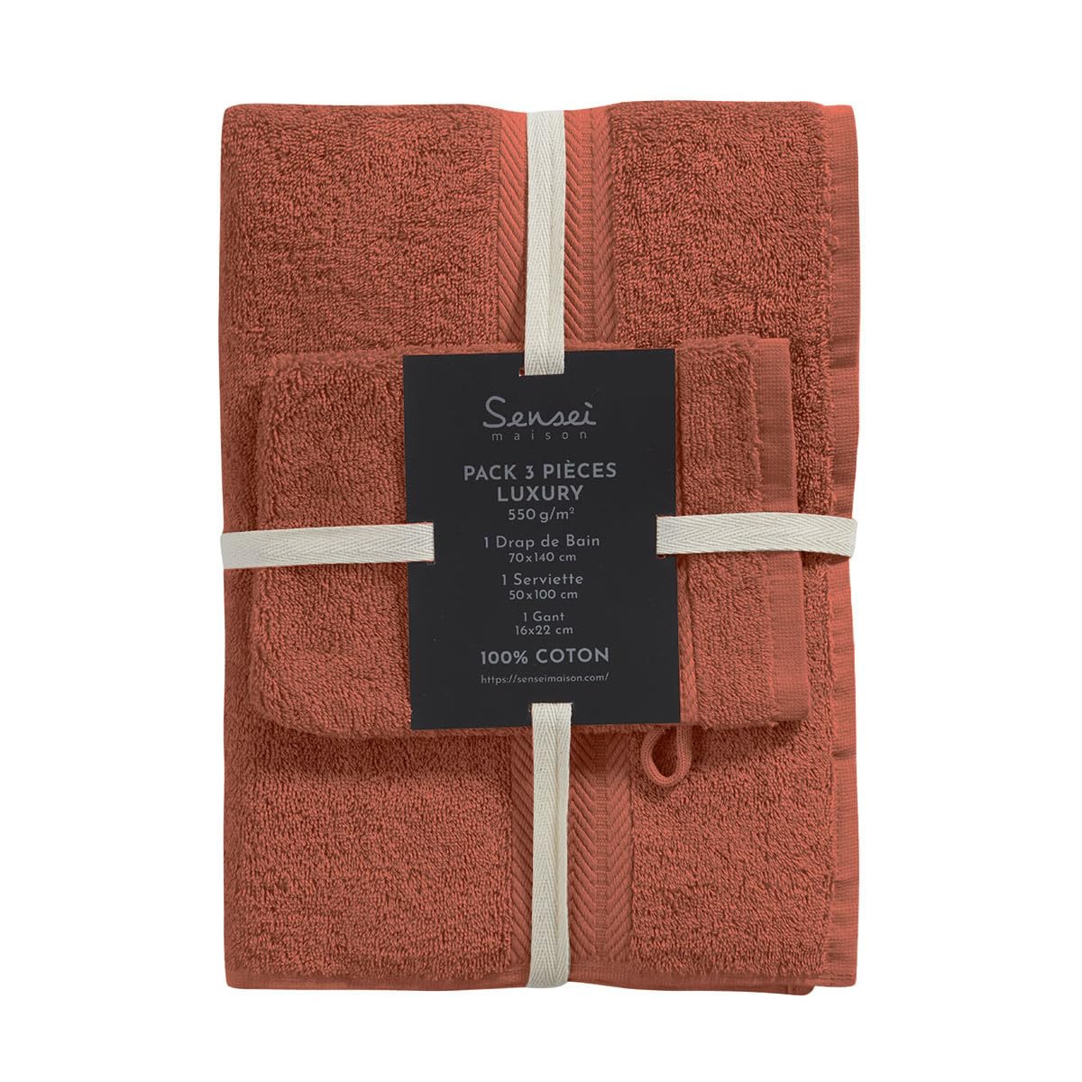 Sensei Maison - Ensemble de Bain 3 pièces (1 Drap de Bain + 1 Serviette de Toilette + 1 Gant) Luxury - - Terracota