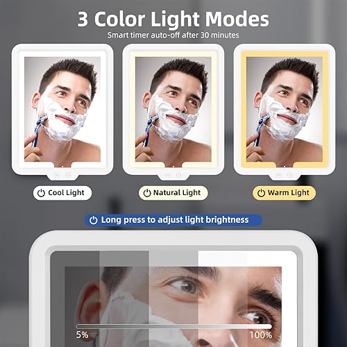 Miniatura 3 de Espejo de ducha con calefacción, sin niebla para afeitarse, espejo de ducha iluminado, espejo de ducha con atenuación de 3 colores, espejo de ducha