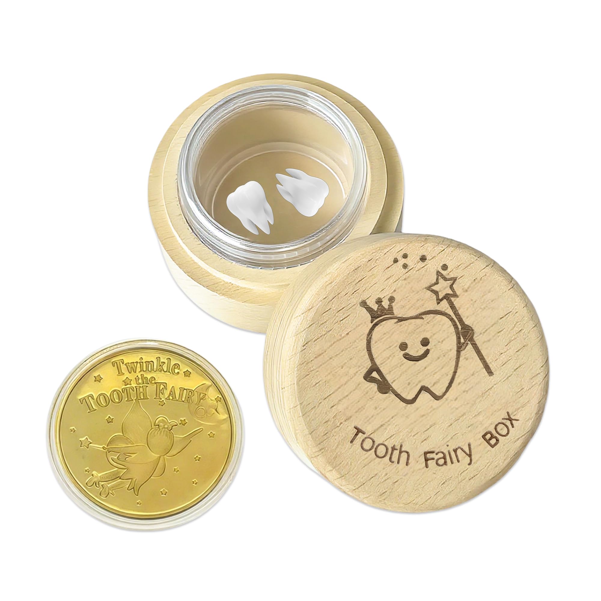 Tooth Fairy Gifts for Girls and Boys Tooth Fairy Box Coin Transparent jar with Gold Foil Reward Coins Wood Baby Keepsake Box for Lost Teeth Kids Birthday Gift (Boy style)