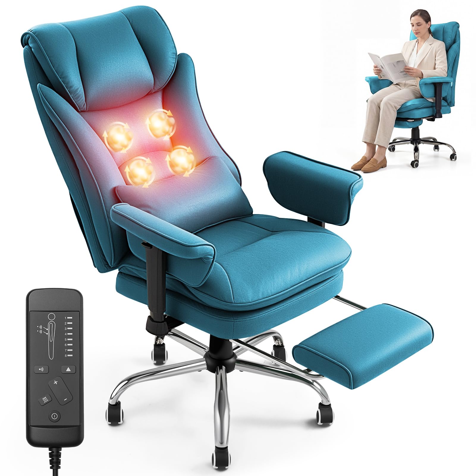 Warmiehomy Massage Office Chair with 4-Point Heated, 155° Reclining, Ergonomic Office Chair with Footrest & Lumbar Pillow, Heavy Duty Executive Computer Chair for Home Office (Tech Fabric, Blue)