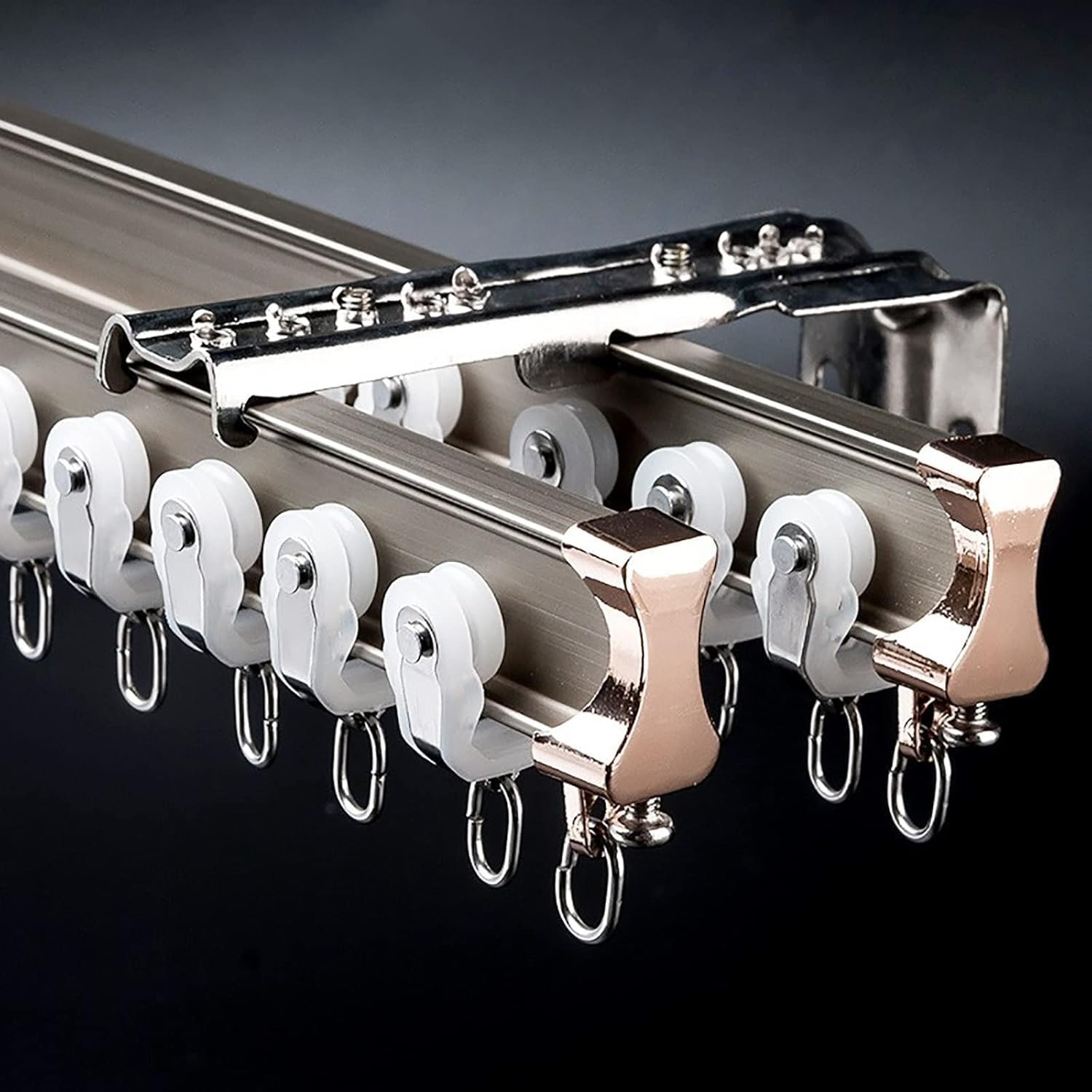 REMYS Champagne Sliding Curtain Track, Aluminum Alloy Curtain Rail Gliders for Bedroom/Shower/RV, Double Tracks System(Wall Mount,3.5m/11.5ft)