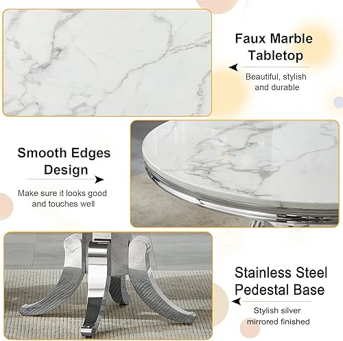 Miniatura 4 de Juego de 6 mesas de comedor redondas de mármol para 6, mesa de cocina y sillas redondas de mármol de 45 pulgadas, juego de 6, mesa de comedor