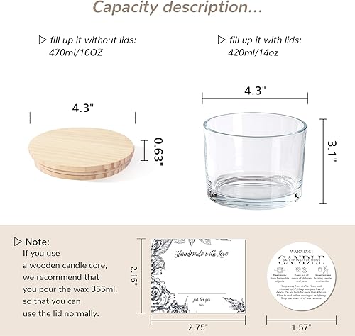 Miniatura 2 de Paquete de 6 tarros de vela de vidrio con tapas (16 onzas, transparentes)  Tarros de vela grandes para hacer velas de 3 mechas  Tarros de velas