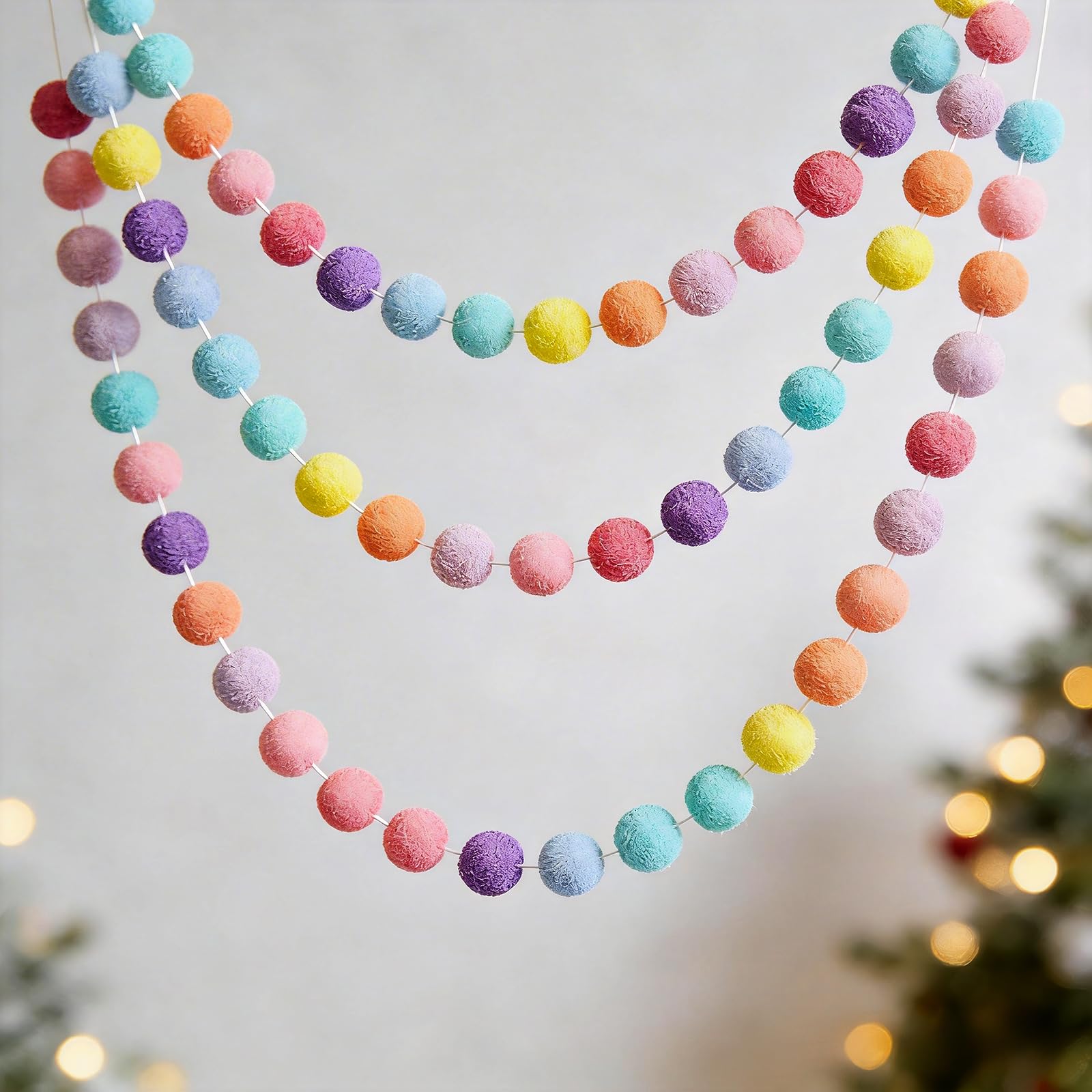 Pom Pom Garland Christmas Decor - 6.5ft Handmade Look Multi-Color Hanging Garland for Holiday Party Home Decoration (Macaron Colors)
