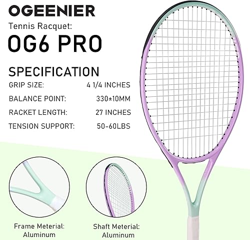 Miniatura 2 de OGEENIER Raqueta de tenis de 27 pulgadas para adultos, raqueta de tenis preencordada para principiantes, raquetas ligeras y recreativas con 1