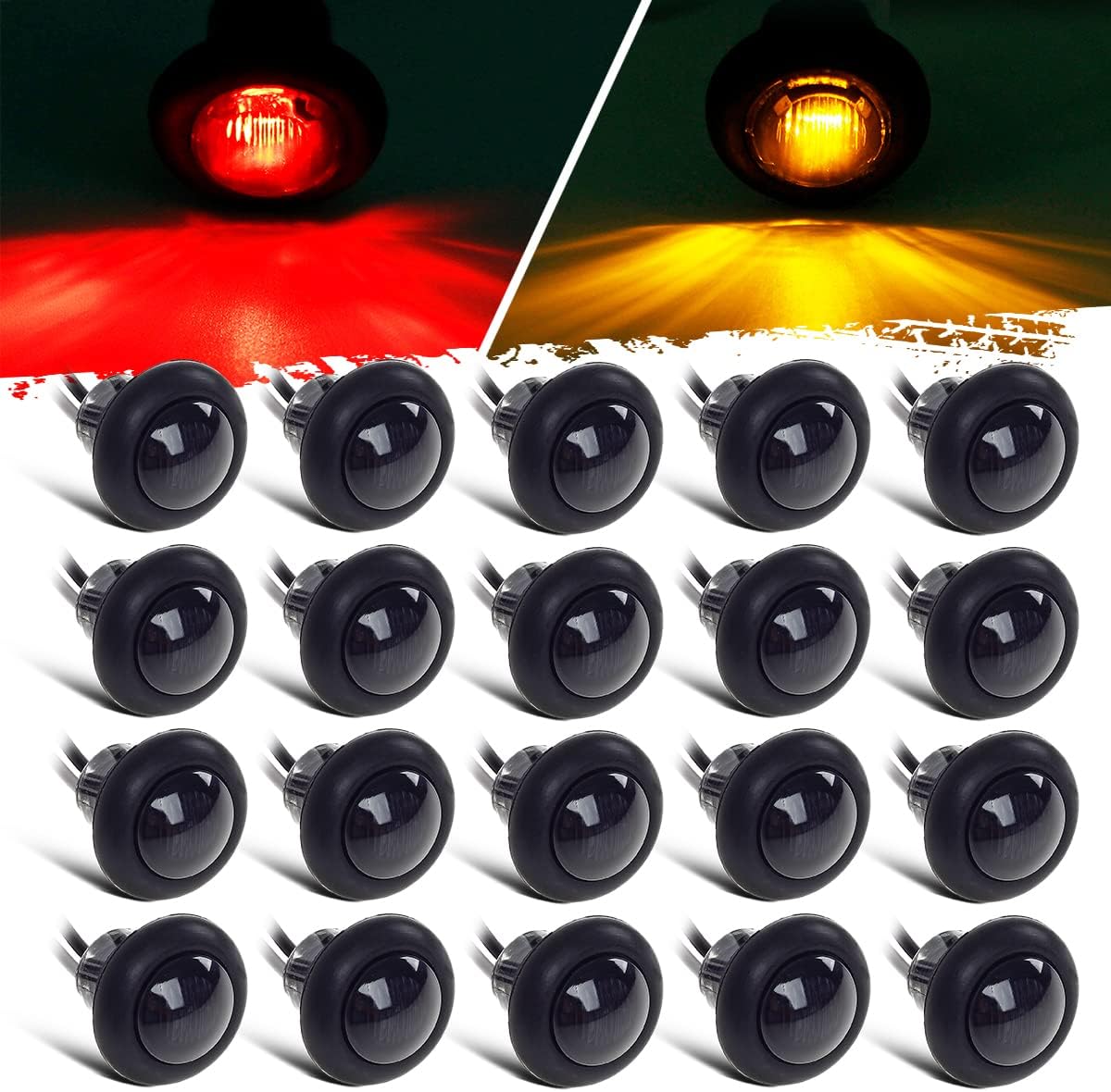 Partsam 20x 3/4" Round Amber/Red Led Marker Light Clearance Lights Front Rear Marker Indicators Tail Light for Trailer Truck Car Bus Van Pickup RV ATV UTV, Smoked Lens, 12V