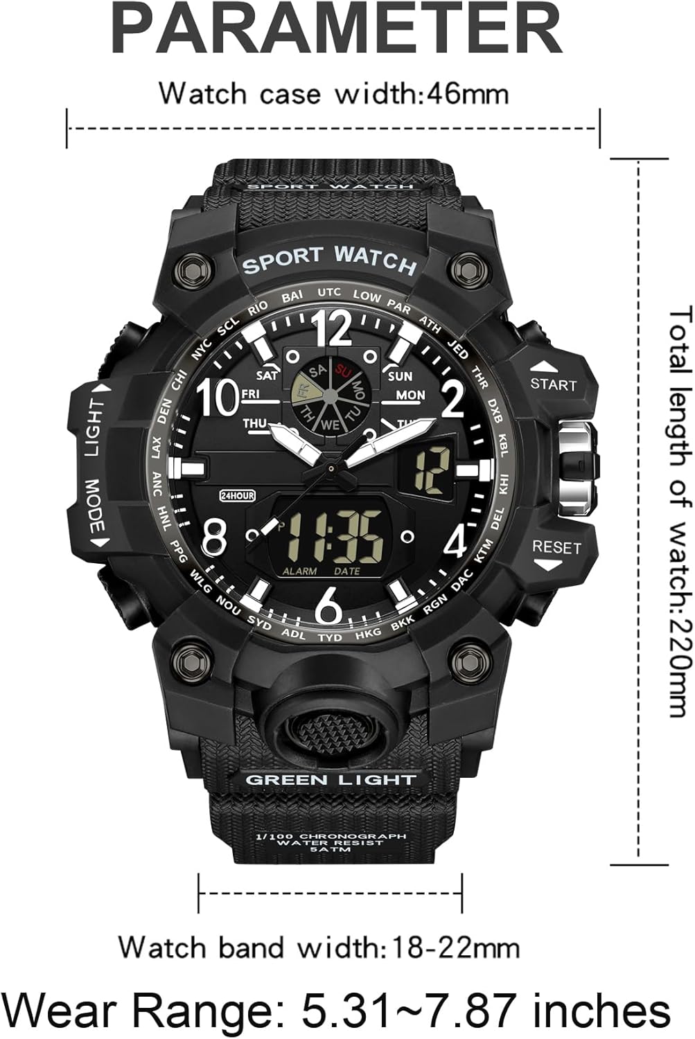 Diagram showing dimensions of the findtime Women's Digital Watch: case width 46mm, total length 220mm, band width 18-22mm, wear range 5.31-7.87 inches