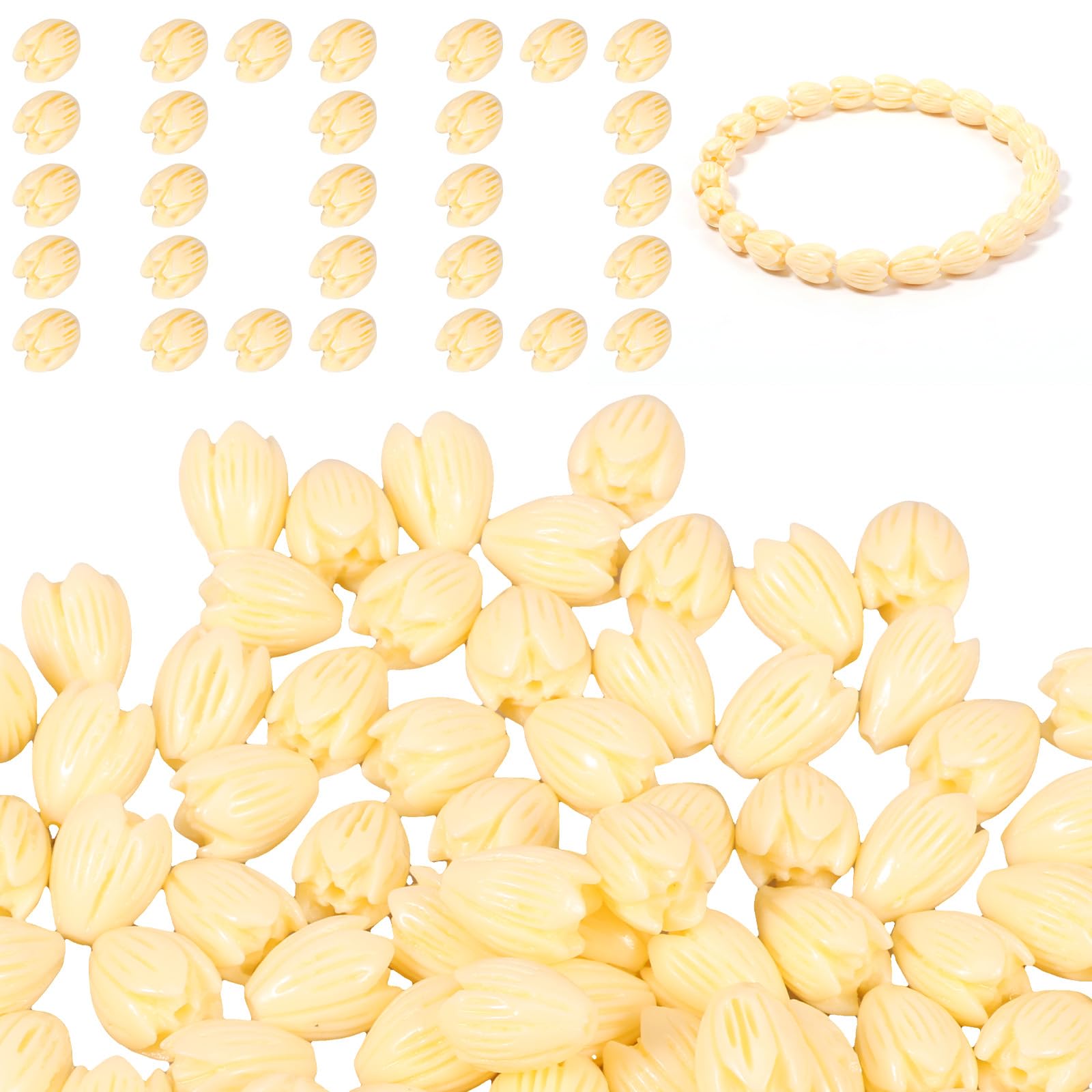 QINGLANG 100Pcs Artificial Pikake Jasmine Flower Beads for Jewellery Making, Resin Shell Powder Jasmine Flower Bud Spacer Beads, Baroque Floral Charms for DIY Necklace Bracelet Earring Craft(11x8mm)