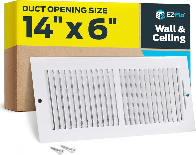 EZ-FLO 14 x 6 Inch (Duct Opening) Air Vent Cover for Wall or Ceiling, Two-Way Ventilation Register, Solid Steel HVAC Register Cover, White, 61613