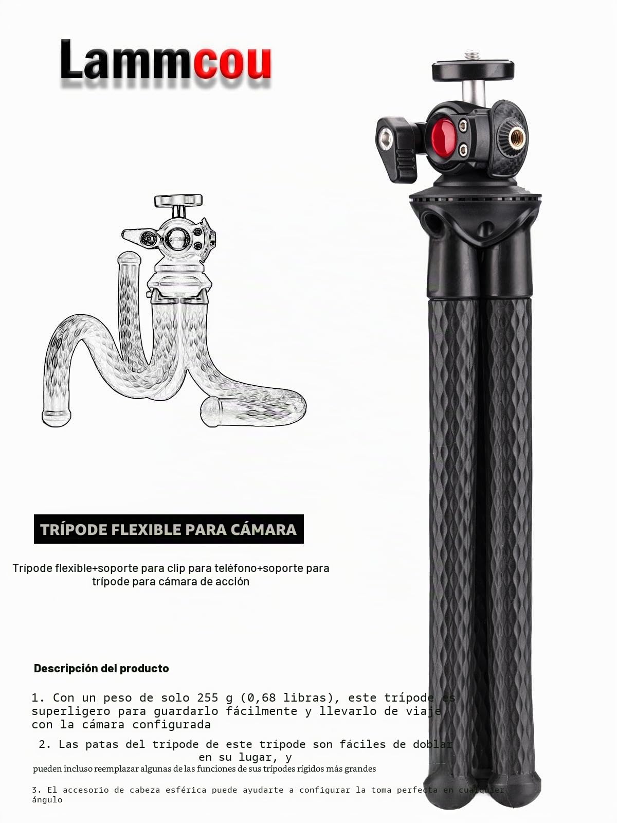 Lammcou Tripode Movil Flexible, Trípode de Gorila Pulpo Camara Pequeño, Tripode Camara Deportiva & XXL Teléfono Pinza Adaptador, Vertical Octopus Tripod for Mobil