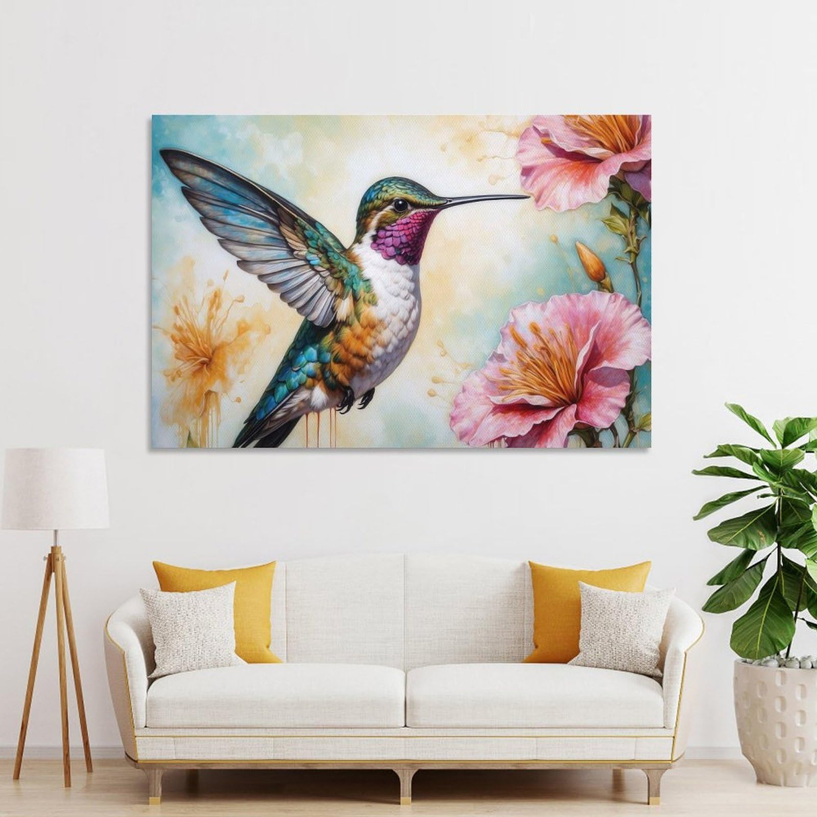 Junmoney Unframe-Style-11-1 Hanging Wall Art Hummingbird And Pink Flowers Art, 24X36inch(60X90cm), For Wall Displays, Bedrooms Or Room Updates, Wall Decor Suited To Curated Displays
