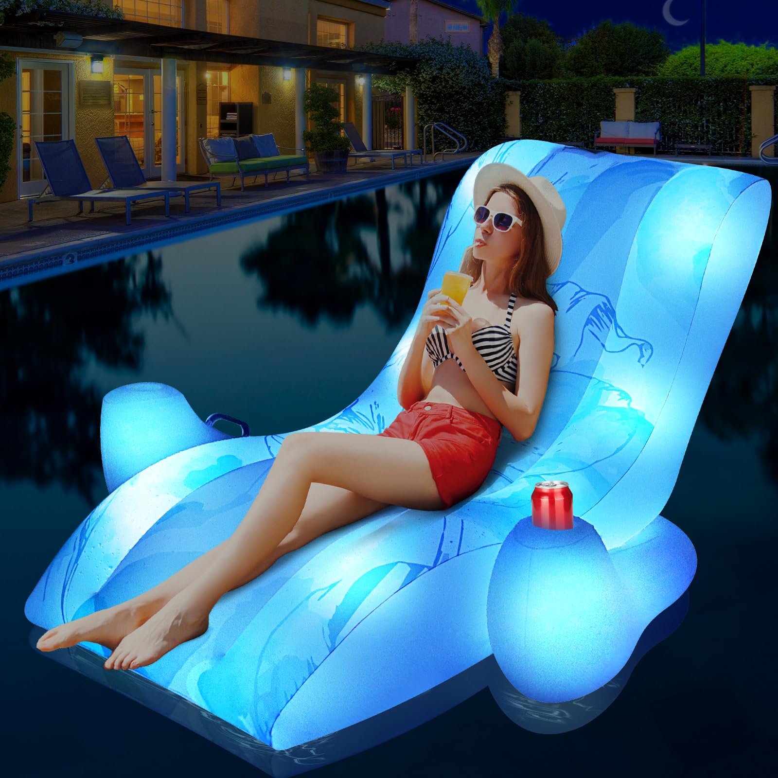 DeeprBetter Flotadores Piscina Adultos, Energía Solar Sillon Hinchable Piscina con Luces de color, Colchoneta Piscina Adulto con respaldo y reposabrazos, Tumbona Hinchable Piscina con Portavasos y Asa