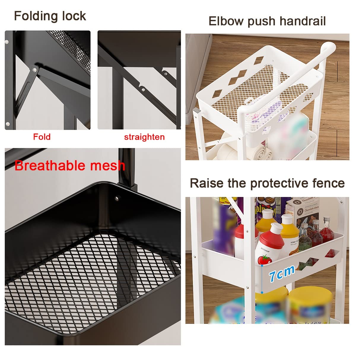 Genérico Carrito de Almacenamiento Plegable de 3 Niveles: Carrito rodante para Espacios reducidos, estantería móvil para Cocina, solución versátil de Almacenamiento en Blanco.
