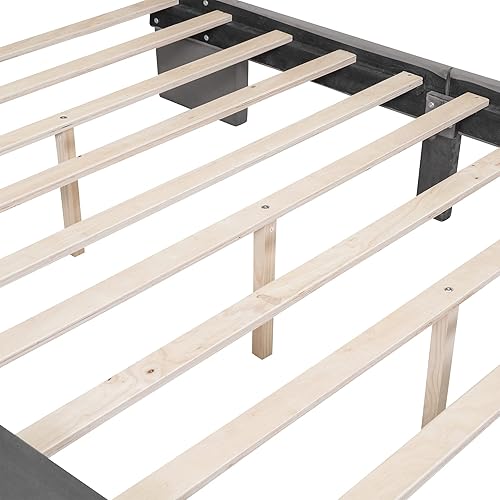 Miniatura 7 de Base de cama de tamaño matrimonial con cabecera tapizada de terciopelo, marco de cama con cajones y listones de madera que soportan el marco de los