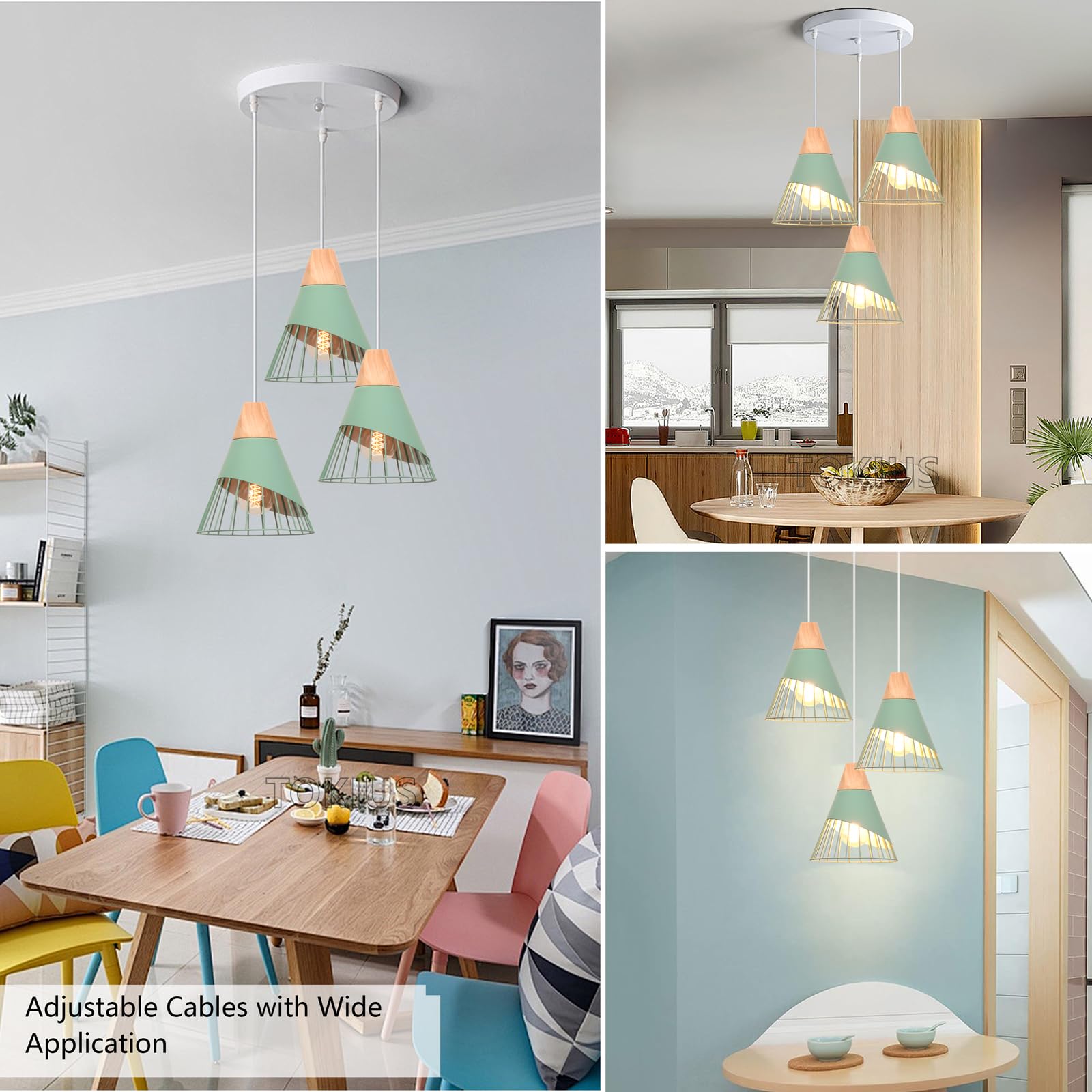 Lampada a sospensione Design E27 Industriale Lampada da soffitto Moderna Legno e Metallo Lampadari e Plafoniere Interni Ø25cm Per Cucina Camera da letto Sala Da Pranzo (Verde - 3 luci - base)