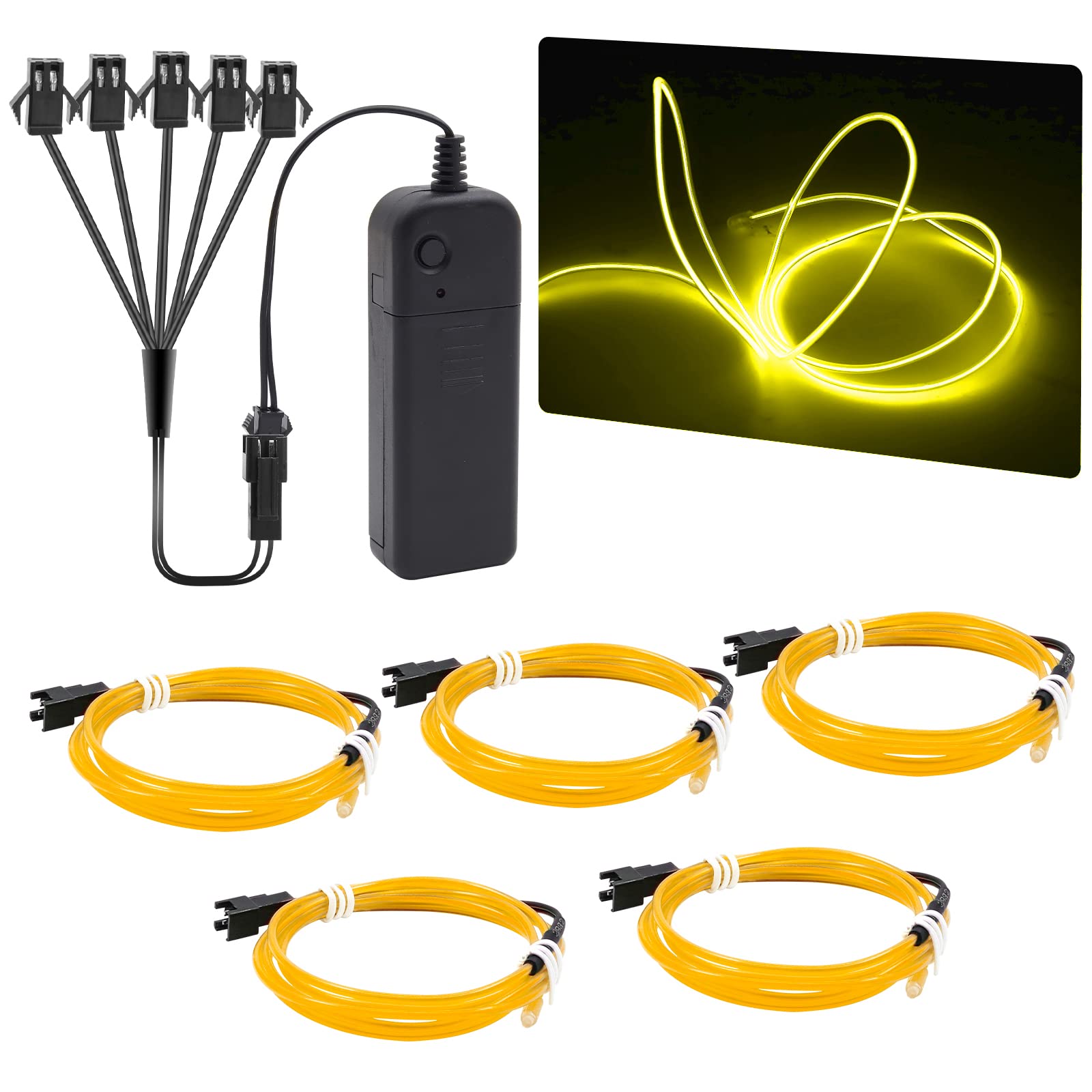 NWpangu 5Pack 6.5Ft Neon Lights EL Wires, 5 in 1 Electroluminescent Wires with Battery Controller for Holiday, Party, Cosplay, DIY Decoration,Yellow(3 Operation Modes) — image 1