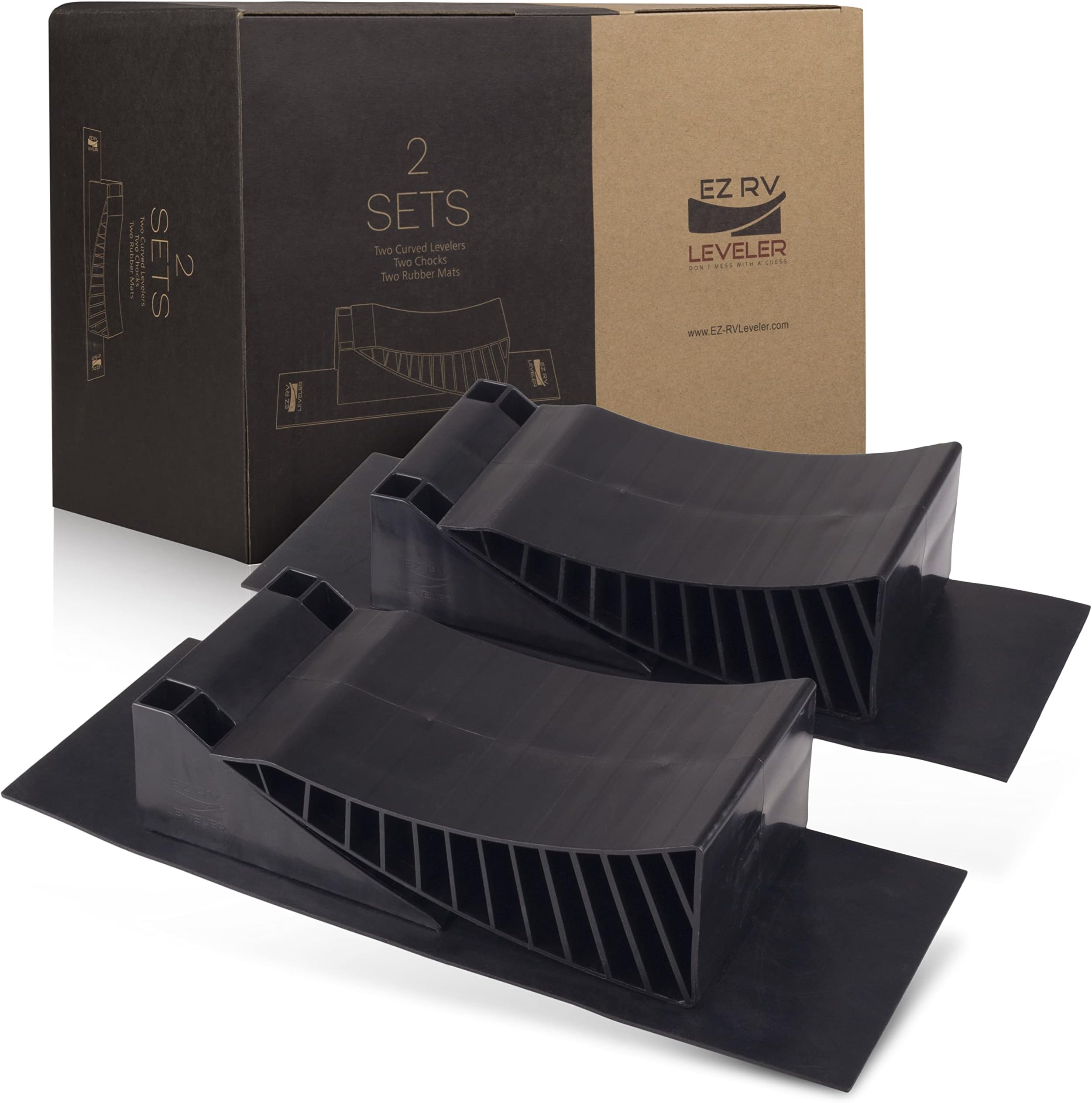 EZ RV Leveler - Curved Leveling Ramps with Chocks and Rubber Mats - Don't Mess with a Guess: Use an RV Leveling Kit That Makes Leveling Fast and Easy - 2 Pack for Tandem Axle Campers