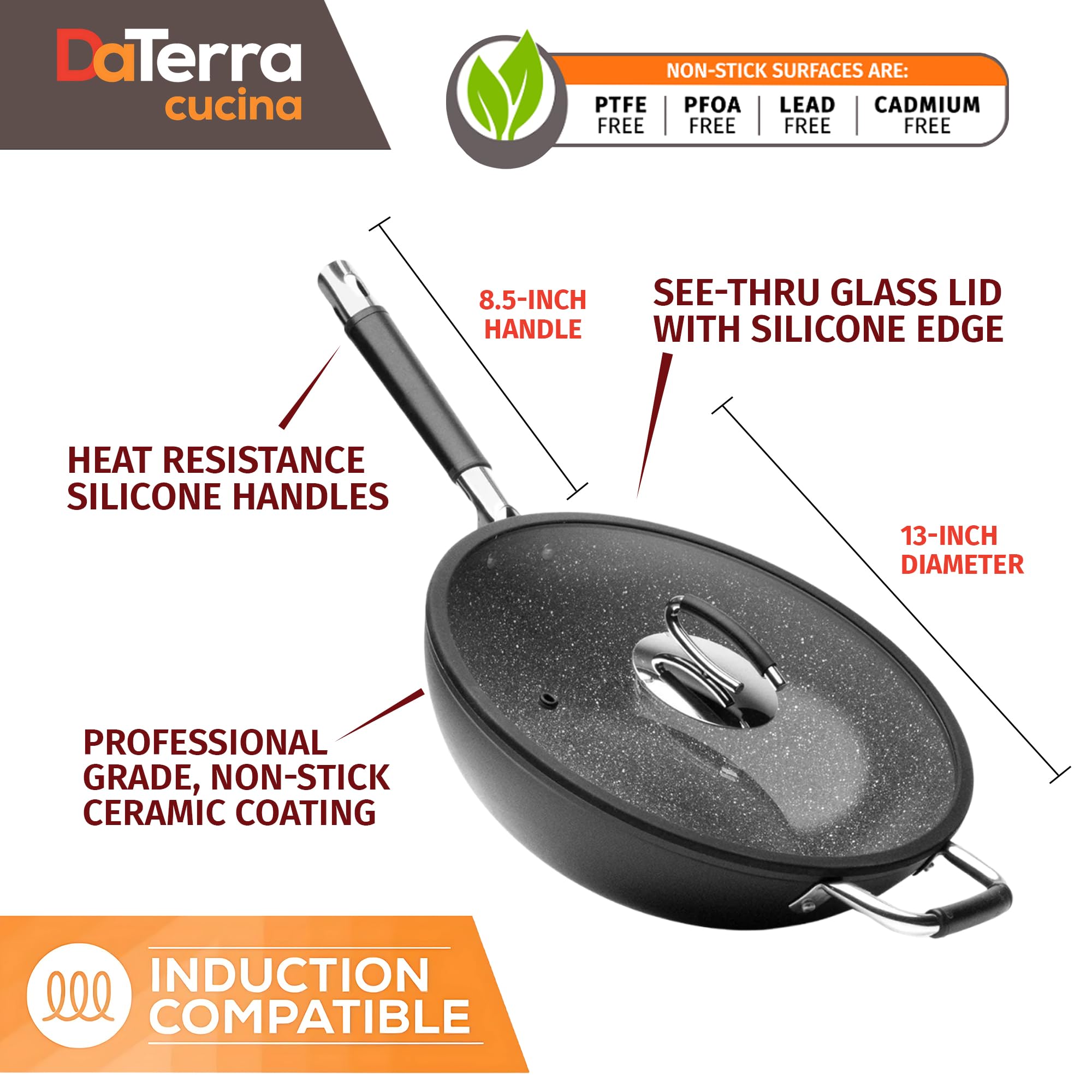 DaTerra Cucina - 33 cm Antihaft-Keramik-Wok mit Deckel, hergestellt in Italien, hochhitzebeständiges Antihaft-Kochgeschirr, ofen- und induktionsfest, PTFE-, Cadmium-, Blei- und PFOA-frei, vulkanisch