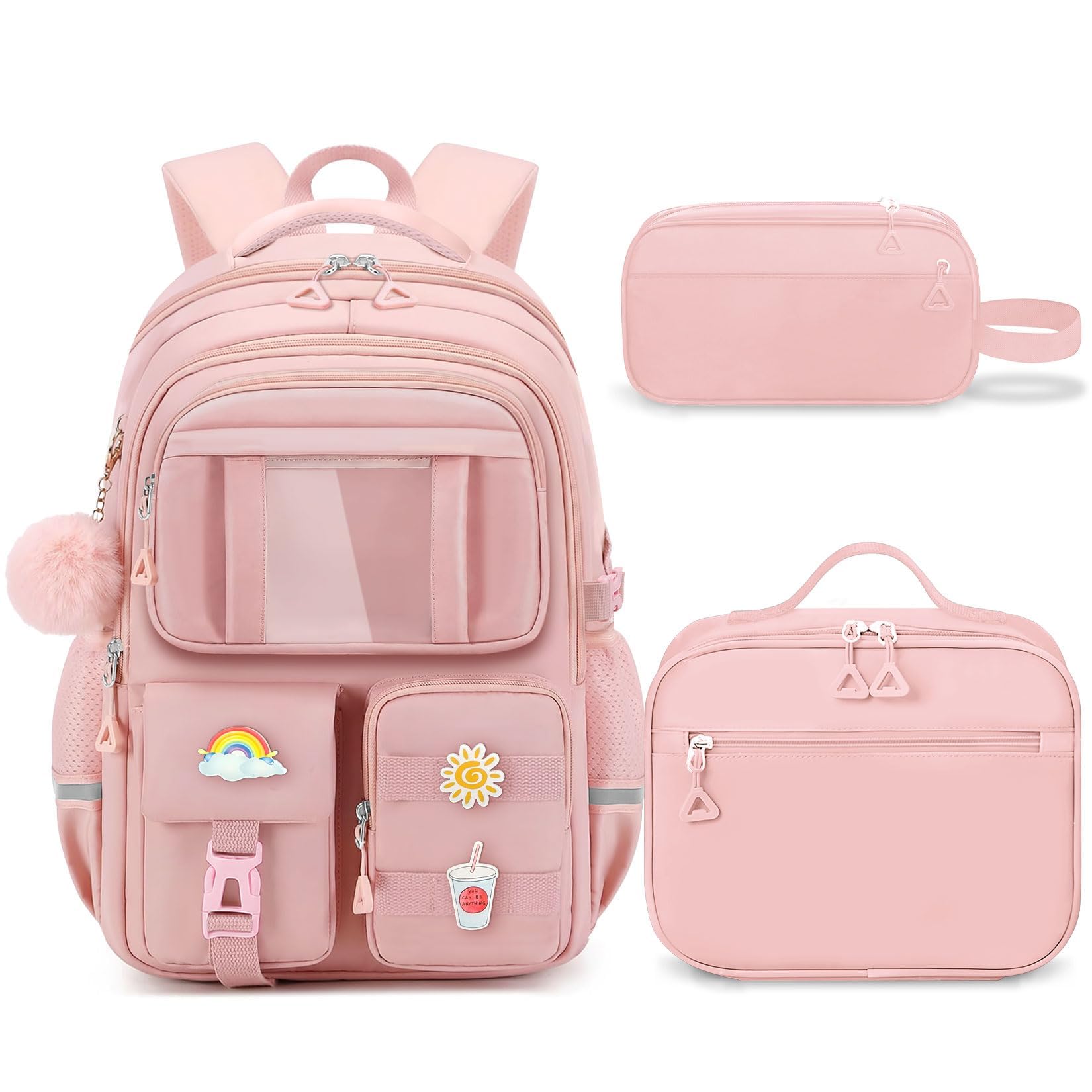 School Backpack for Girls - 5pcs Cute Girls Backpack with Lunch Box for Teens Kids Elementary Middle School - 17″ Students Bookbag Travel Back Pack