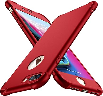 ORETech Funda iPhone 7 Plus/iPhone 8 Plus, con [2X Protector de Pantalla de Vidrio Templado] 360 Carcasa iPhone 7 Plus/iPhone 8 Plus Case Silicona Ligera TPU Bumper Rubber Caso para iPhone 7 Plus-Rojo