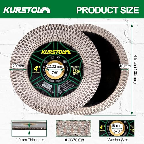 Miniatura 8 de KURSTOL Hoja de sierra de diamante para azulejos, disco de corte de diamante de doble propósito de 4.5 pulgadas4.528in, barra de hoja de amoladora