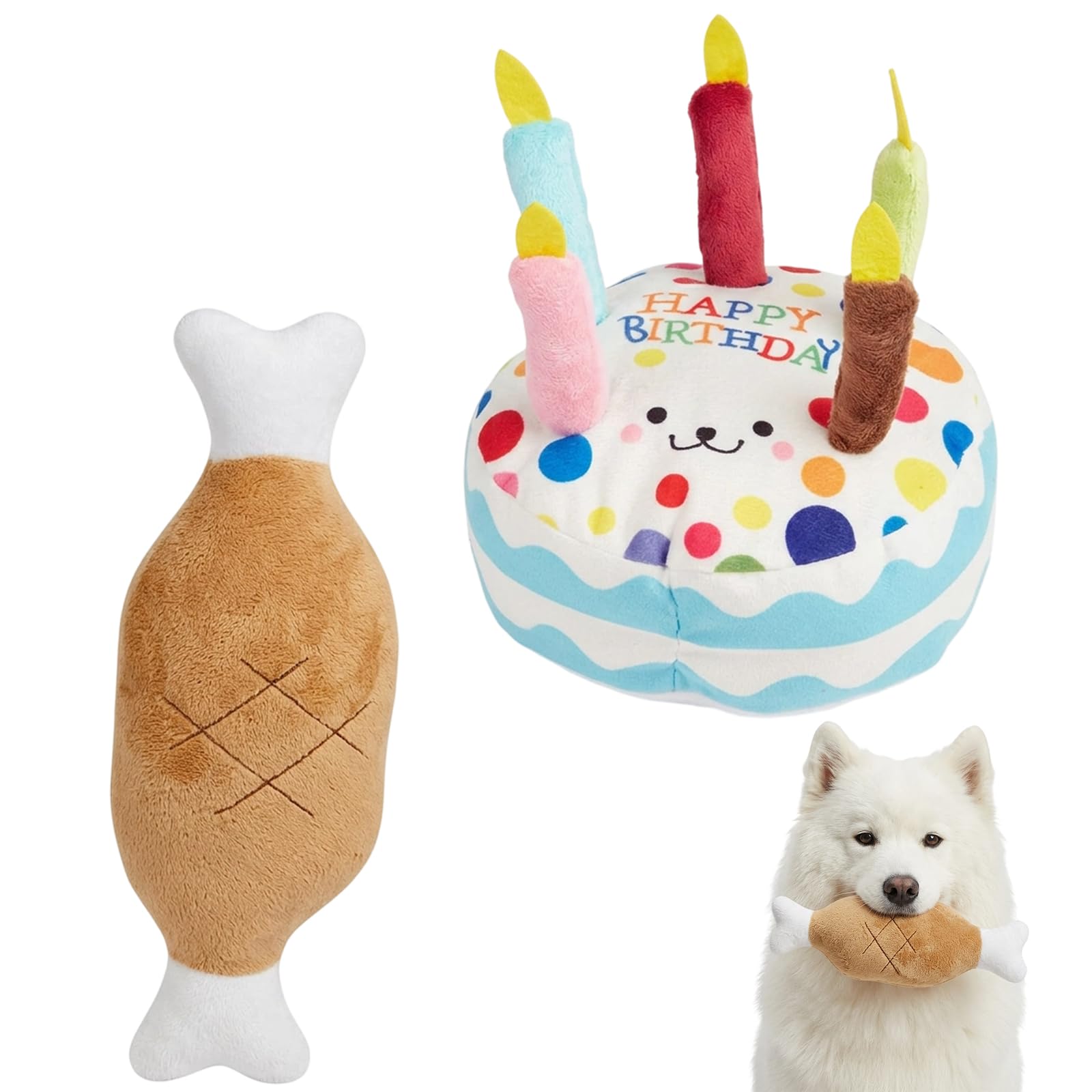 KYEDGC 2Pcs Dog Birthday Present, Dog Birthday Cake and Dog Birthday Toy, Dogs Birthday Gifts for Celebrations and Interactive Play, Blue Cake and Chicken Leg Plush Design for Canine Companions