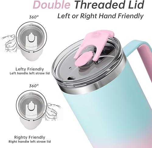 Miniatura 7 de COKTIK Vaso de 40 onzas con asa y tapa con popote, tapa 2 en 1 (pajilla  abatible), vaso de viaje de acero inoxidable aislado al vacío para bebidas