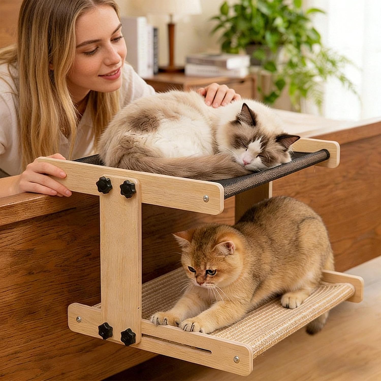 Window Perch Bed for Cats - Wooden Floating Hammock | Indoor Pet Resting Spot for Apartment Farmhouse Bedroom Windowsill Balcony Cabinet Double Or Single Layer Comfortable Relaxing