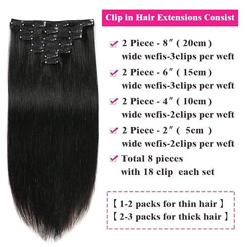 Miniatura 4 de Extensiones de cabello humano real con pinzas, extensiones de cabello humano Remy liso para mujer, color negro azabache, doble trama, 100% sin