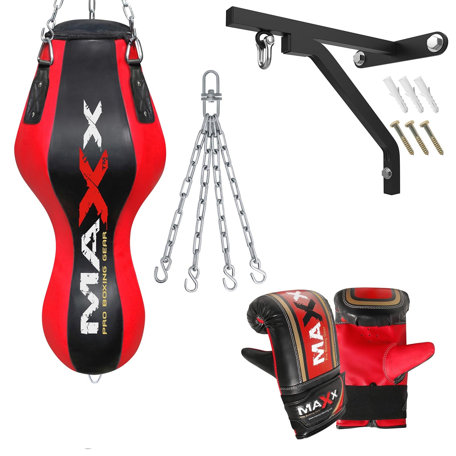 Maxx Black/Red Heavy Duty Punch Bags - Uppercut, Triple, Angle, Wrecking & More (Angle Bag, BAG WITH BRACKET+MITTS)