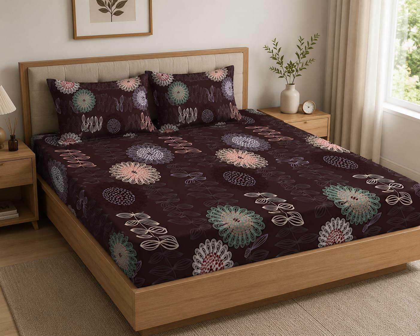 LOOMLYFE 300 TC Microfiber XXL Soft Cotton Super King Size Bedsheet for Double Bed, King Size 108 Inches X 108 Inches, 9 Feet, 275 X 275 cm with 2 Large Size Pillow Covers - CircleFlowerBrown