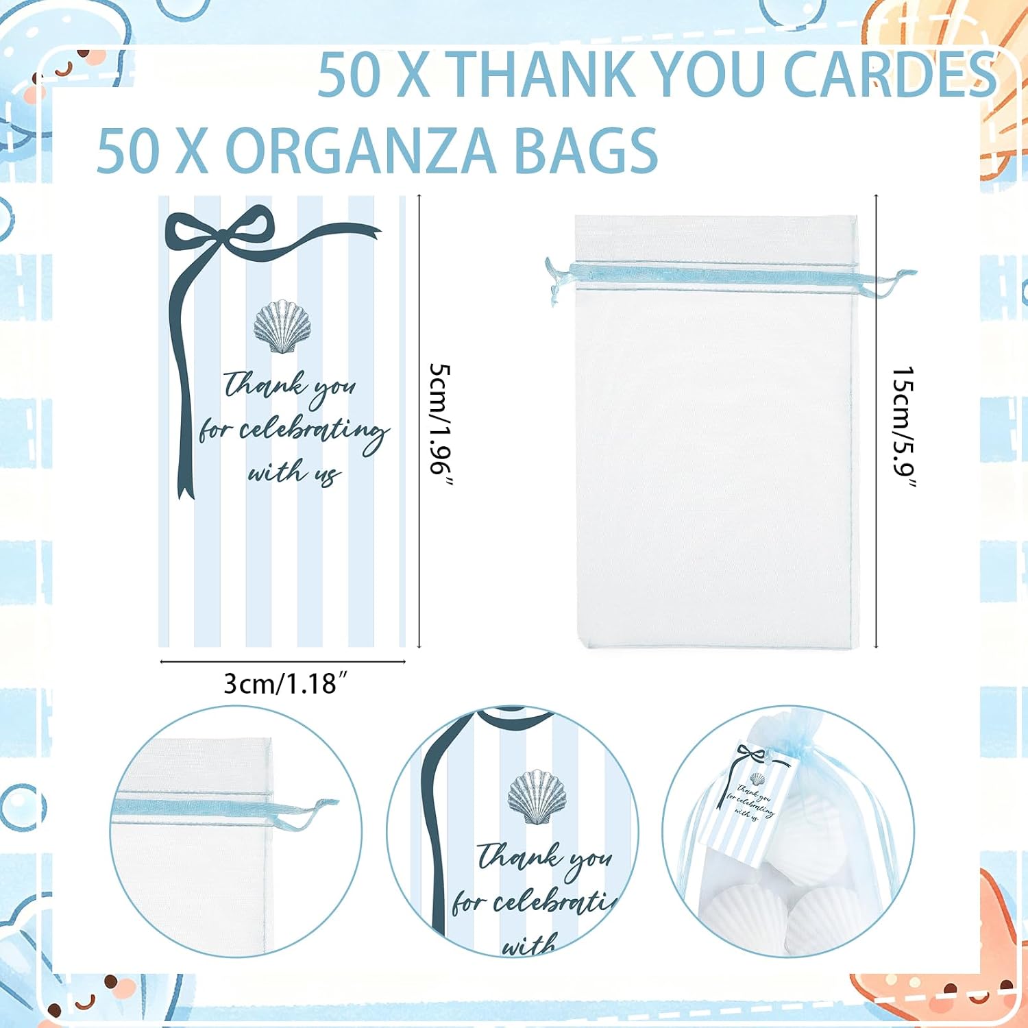 Leelosp 50 Sets Sea You Soon Baby Shower Decorations for Guests Seashell Shape Soaps with Thanks You Cards Bag Seashell Coastal Theme Baby Shower Favors for Under the Sea Wedding Nautical Party Favor