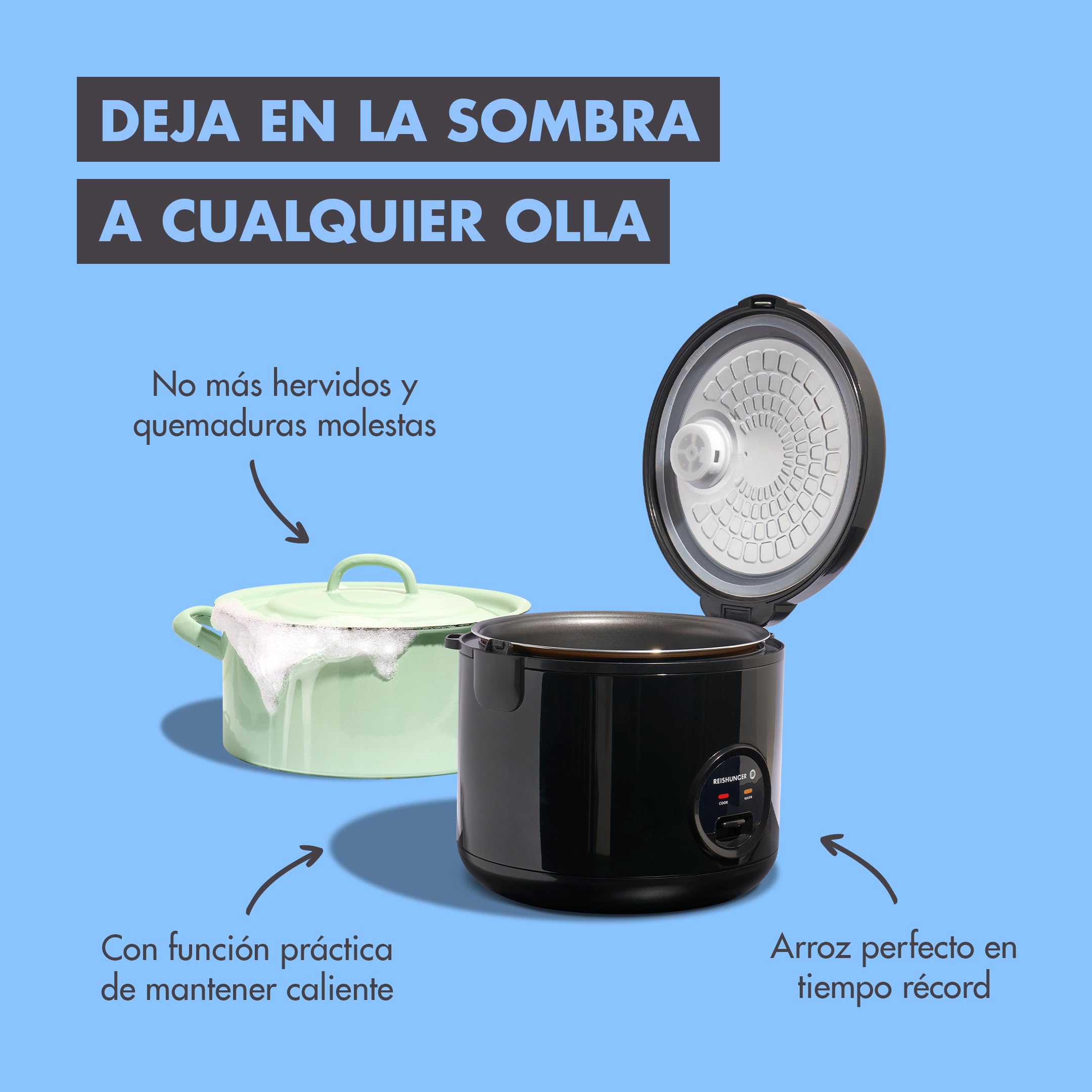 Reishunger Olla Arrocera Electrica y Vaporera con Función de Mantenimiento del Calor, Negra - Para 1-6 Personas - Preparación rápida sin quemarse - Revestimiento de Cerámica