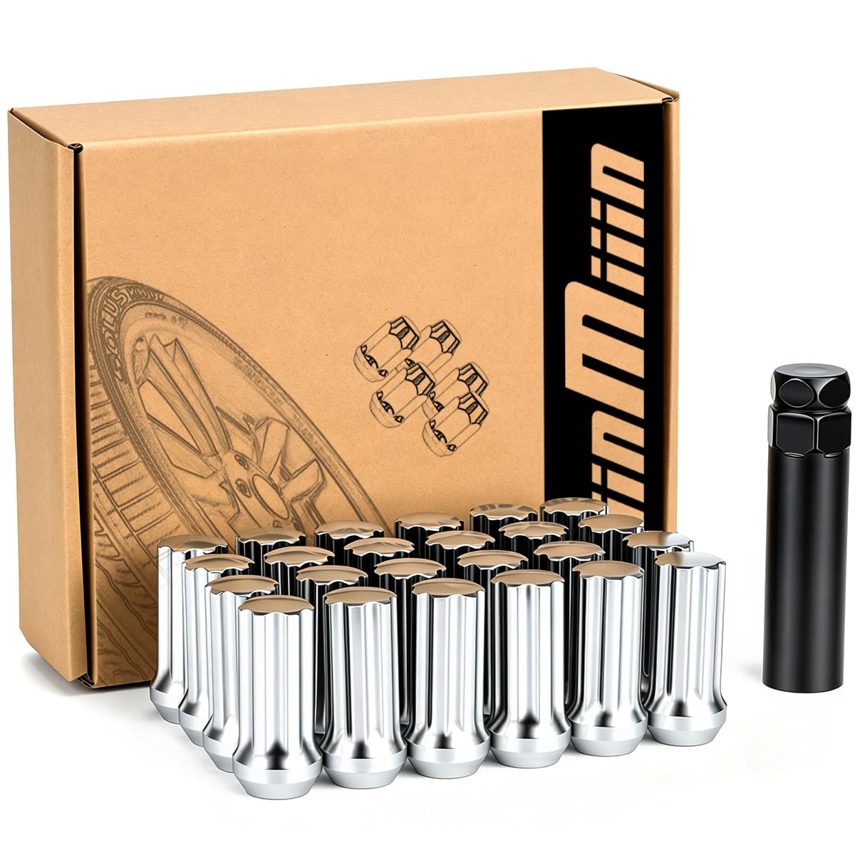 JiiinMiiin 24 sztuki nakrętek do kół M14 x 2,0, chromowane z 7 zębami klinowymi, 14 x 2 nakrętki zabezpieczające, długość 5,1 cm z 1 kluczem nasadowym, stożkowe/stożkowe siedzisko 60 stopni, zamknięty
