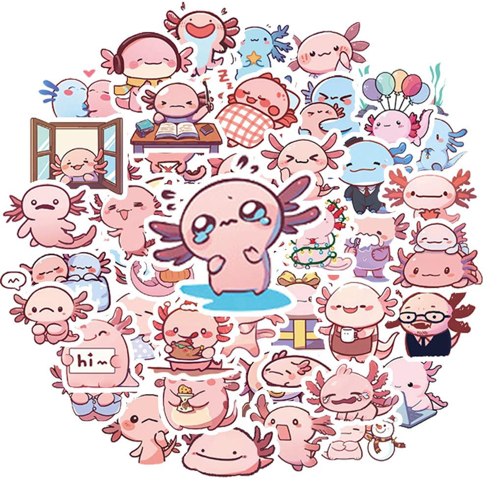 ZyvSyldrin 50PCS Axolotl Stickers Pack, Cute Waterproof Vinyl Stickers for Laptop, Water Bottle, Scrapbook, Phone Case, Kawaii Axolotl Decals for Kids