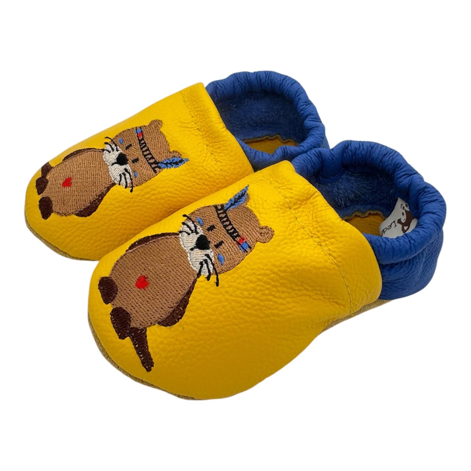 Generisch Personalisierte Krabbelschuhe | Lederpuschen mit Otter | gelb/blau | Lauflernschuhe Baby | Handgemacht in Paderborn | Geschenk