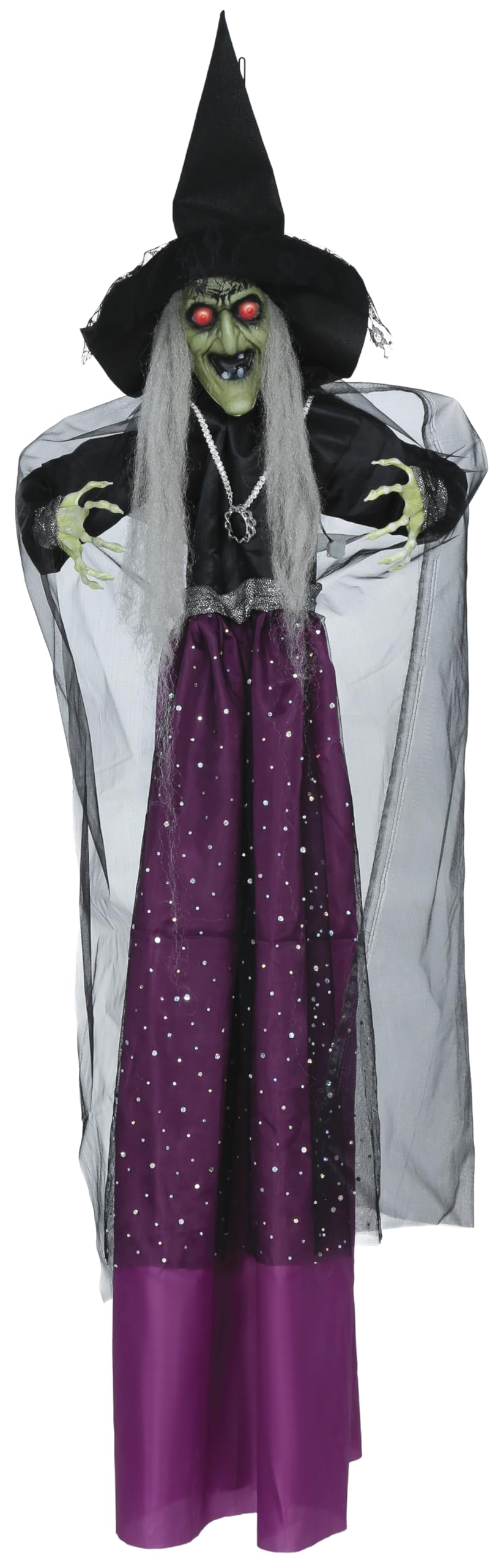 FIESTAS GUIRCA | Colgante de Bruja con Luz, Sonido y Movimiento (130 cm) - Decoración de Halloween para Fiestas y Celebraciones - Ideal para Ambientes de Terror y Magia - Morado y Negro